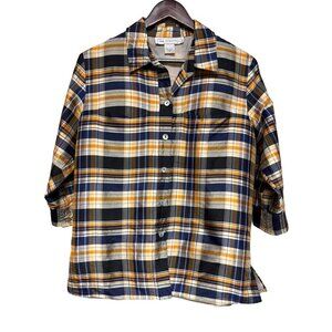 Silk Essentials Women's 100% Silk 3/4 Sleeves Blue Plaid Blouse Button Medium